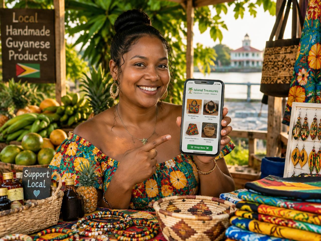 A Guyanese shop owner showing her online store on a phone